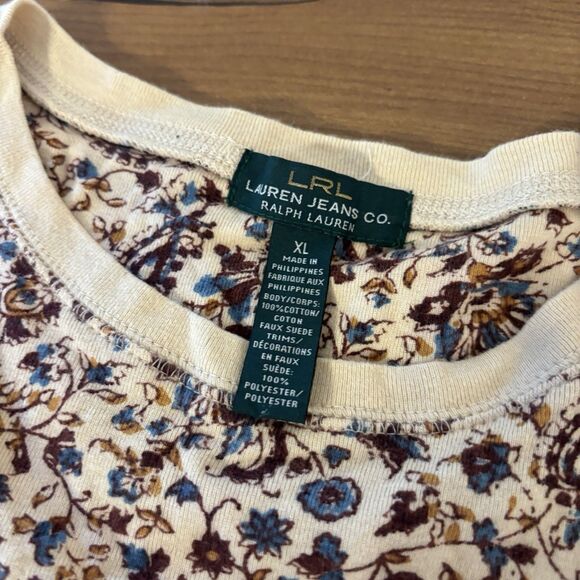 LRL Lauren Jeans Co Womens XL Faux Leather Elbow Patch T-Shirt Paisley Cream - Picture 5 of 5